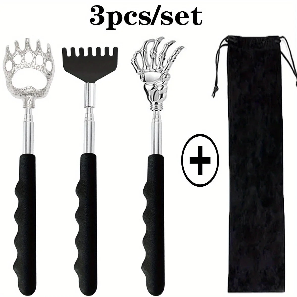 A set of three stainless steel telescopic back scratchers with black handles and a matching travel pouch.