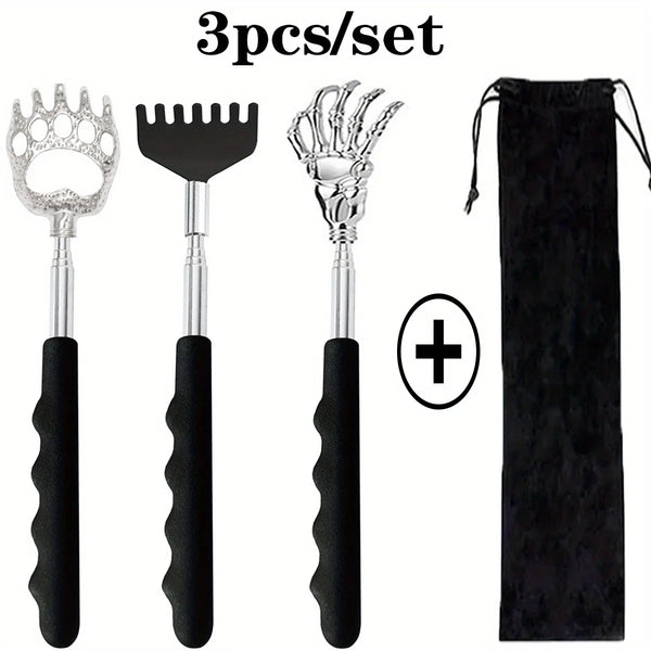 A set of three stainless steel telescopic back scratchers with black handles and a matching travel pouch.