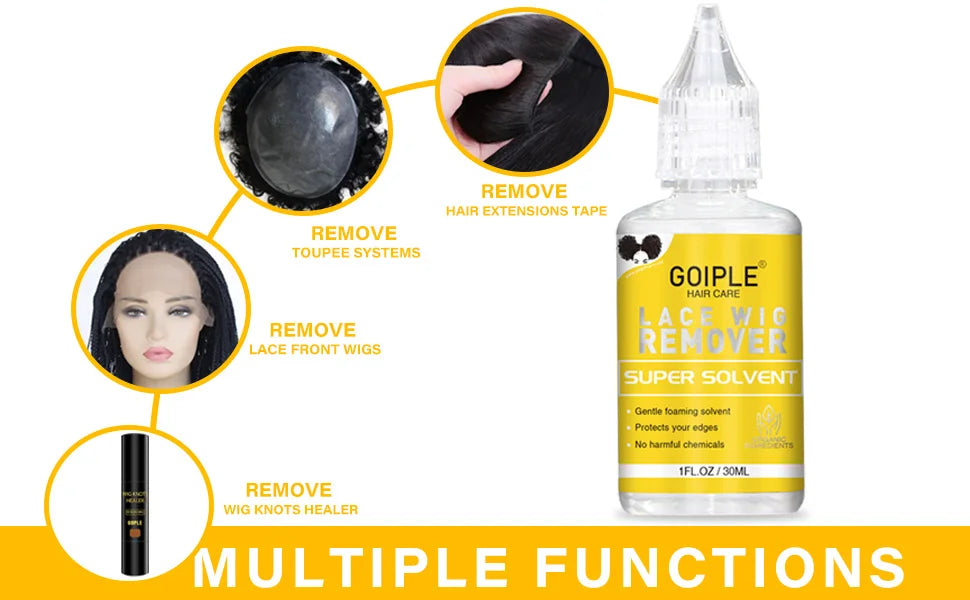 Bouteille de dissolvant super Goiple Lace Wig Remover avec divers outils pour retirer les extensions, toupies et les fronts e