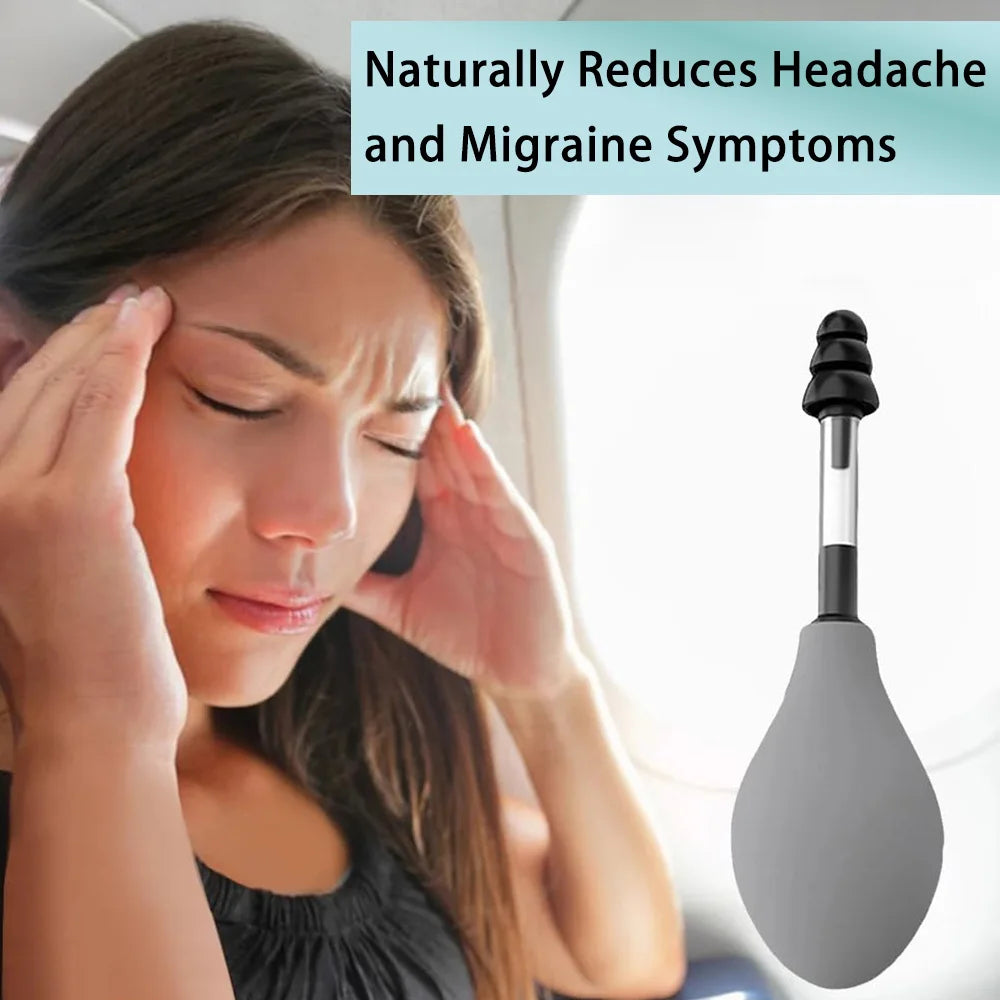 A woman is using a portable ear pressure relief tool to alleviate headache and migraine symptoms.