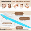 A blue stainless steel facial razor with a protective sleeve and a thick ergonomic handle.