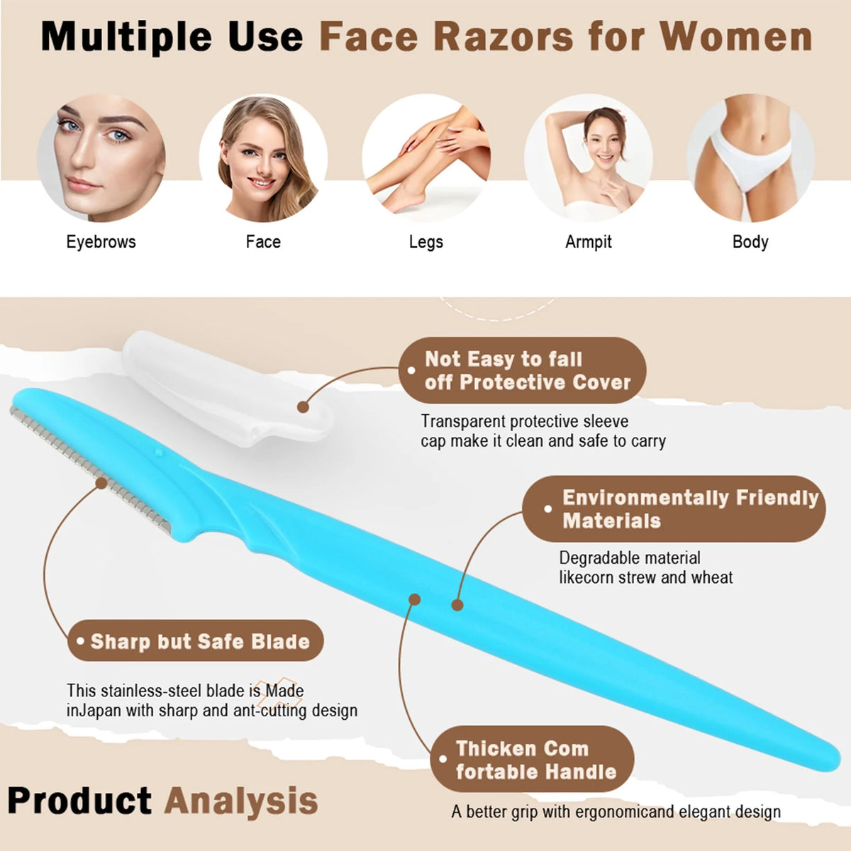 A blue stainless steel facial razor with a protective sleeve and a thick ergonomic handle.