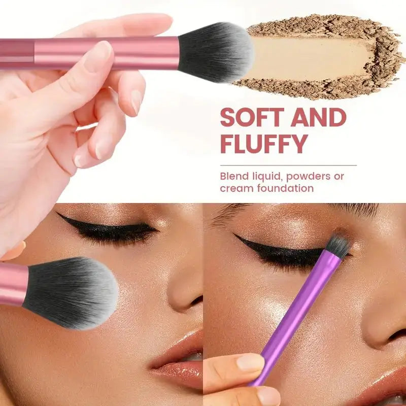 A hand holds a pink makeup brush demonstrating its soft and fluffy bristles for blending liquid, powders, or cream foundation