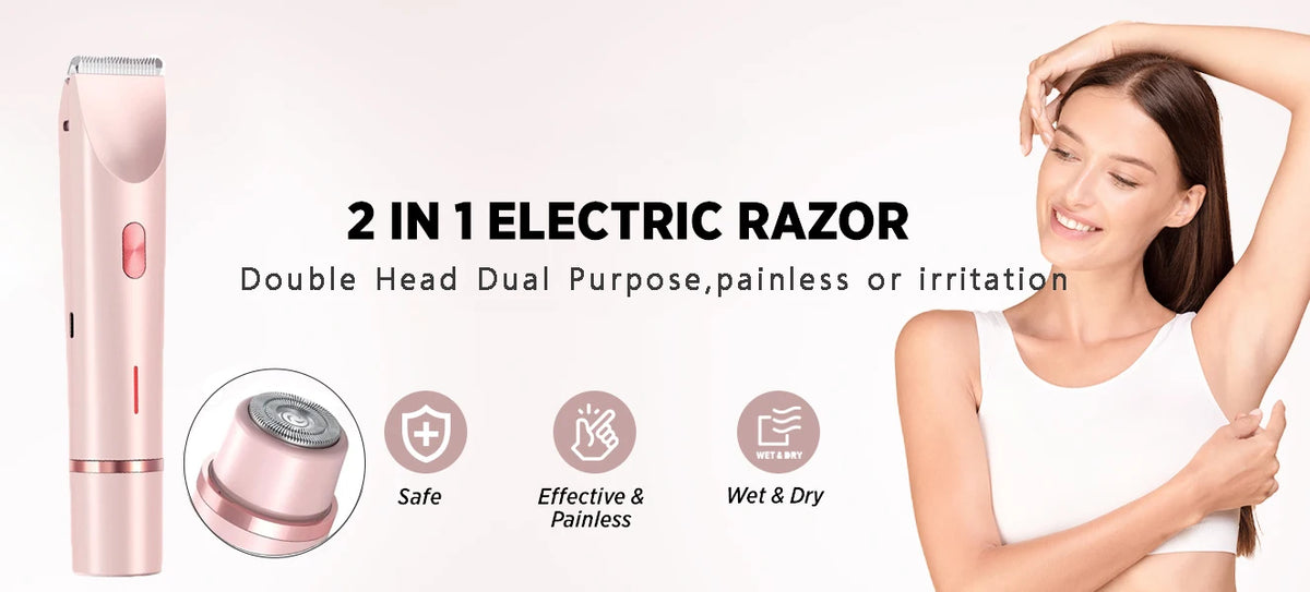 A pink 2 in 1 electric razor with dual heads is shown next to a woman using it on her arm.