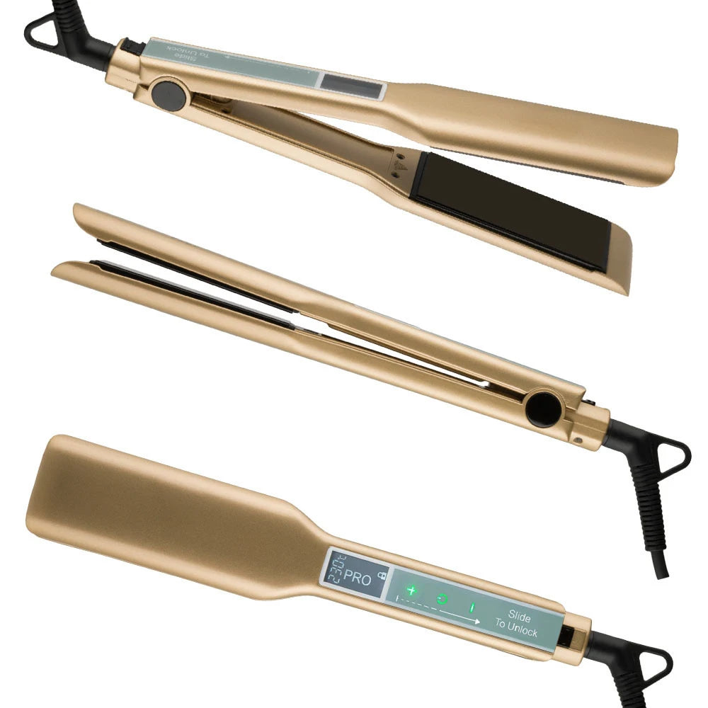 A professional titanium hair straightener in gold and black is shown from multiple angles.