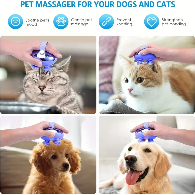 Hands are using a purple electric scalp massager on a cat and a dog for stress relief.