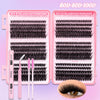 A set of pink DIY eyelash extensions kits for natural curl, showing lash bundles and application tools.