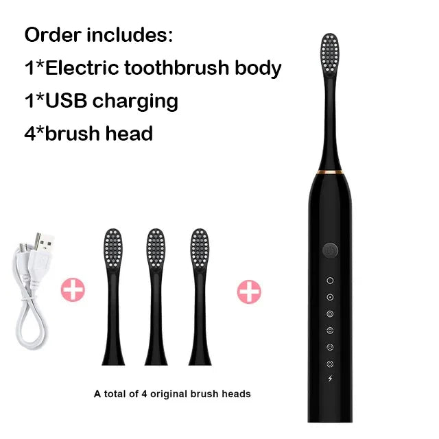 A set of an electric toothbrush, including the body, USB charging cable, and four brush heads.