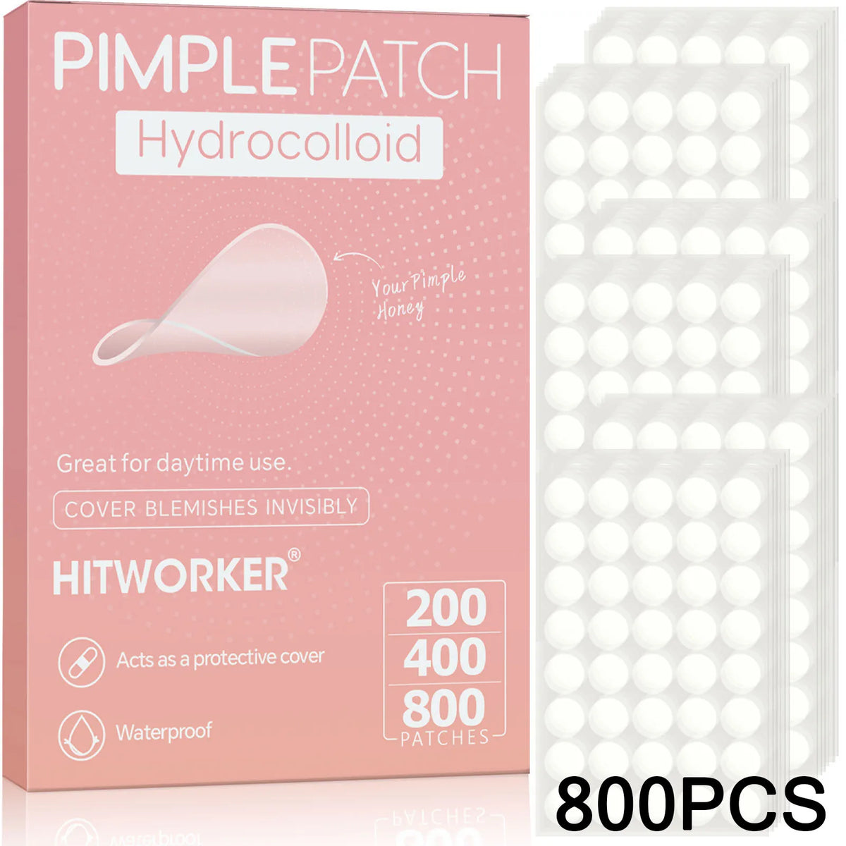 Box of Pimple Patch Hydrocolloid acne spot patches in pink packaging with various pack sizes