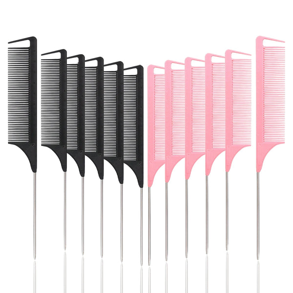 A set of pink and black professional rat tail combs and detangling brushes.