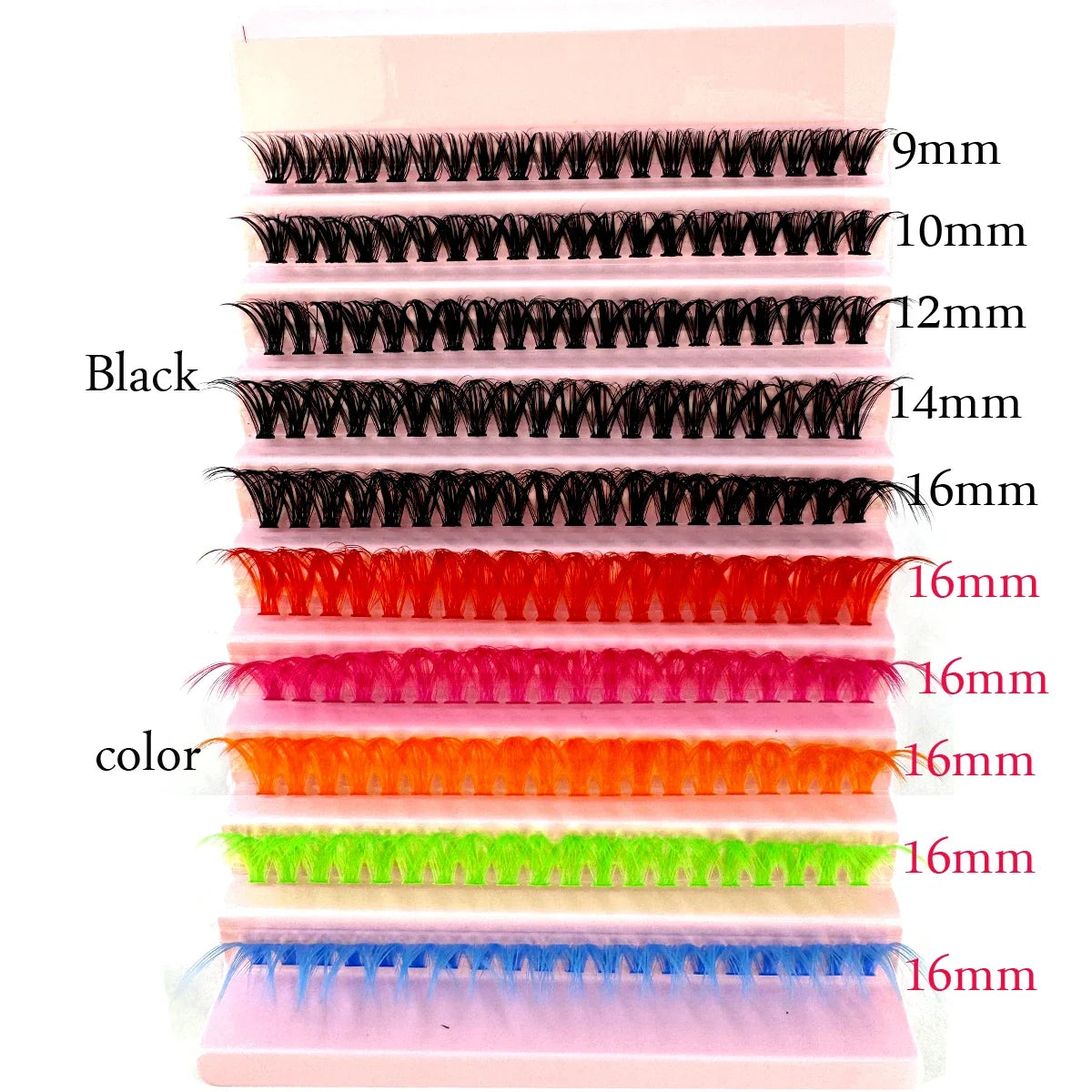 Présentation de cils en grappes multicolores de différentes longueurs, de 9mm à 16mm.