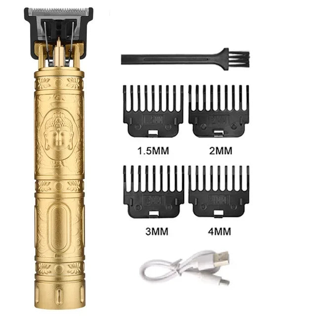 A set of vintage rechargeable hair clipper trimmers in gold and black with various guard sizes and a charging cable.