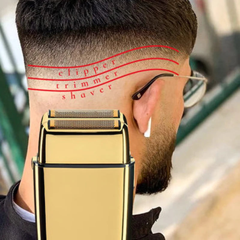 A man is using a professional electric shaver on his face, with red lines indicating trimming areas.