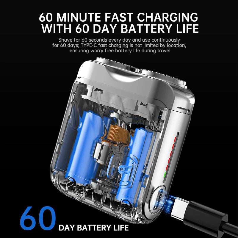 Close-up of a silver electric shaver with blue replacement heads and a charging cable, highlighting its battery life features