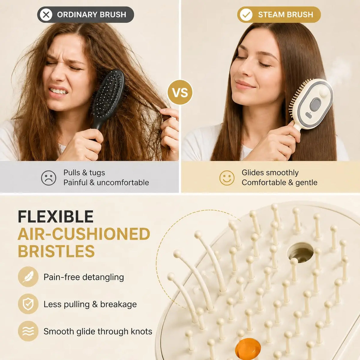 Comparison of ordinary vs steam hair brushes, highlighting flexible air-cushioned bristles for pain-free detangling.