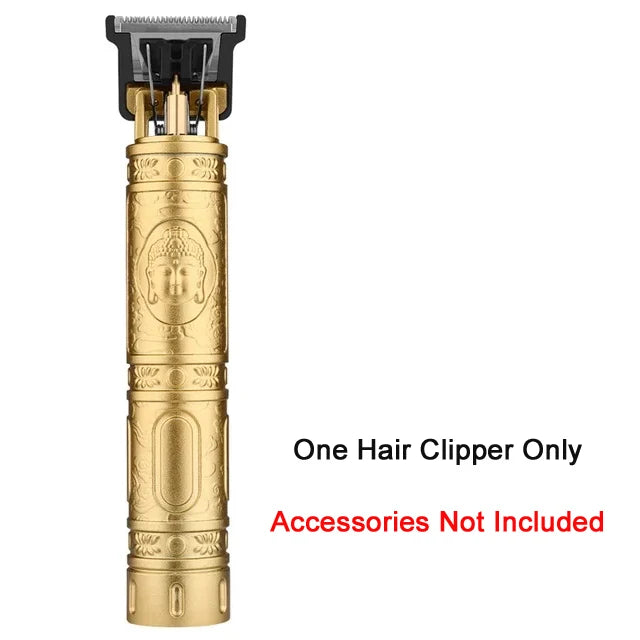A vintage gold-colored cordless hair clipper with a traditional design and metal attachments.