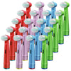 A collection of replacement toothbrush heads in various colors including red, pink, blue, and green.