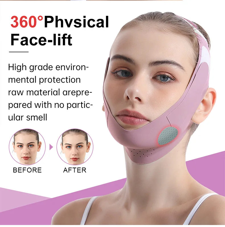A woman is using a pink face-lift device for a 360 degree physical face-lift treatment.