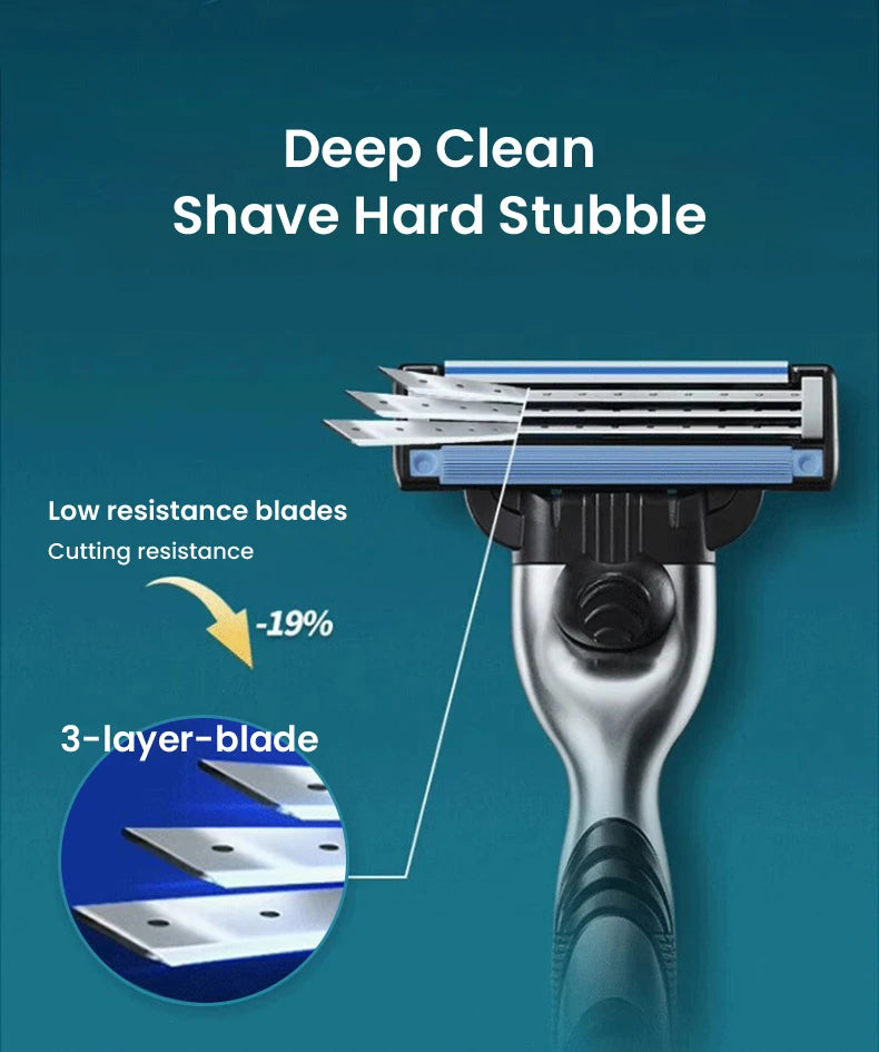 Close-up of a Deep Clean Shave Hard Stubble razor showing its 3-layer blade design.