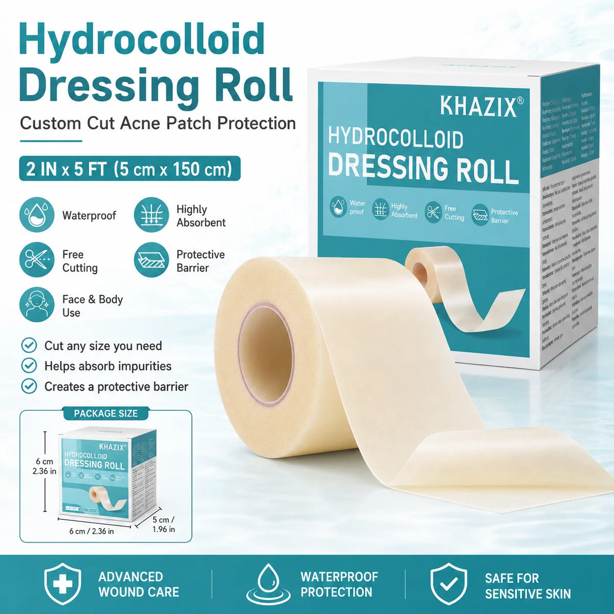 A roll of hydrocolloid dressing for acne protection shown next to its packaging and usage details.