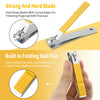 A yellow manicure kit with a silver tool and a built-in folding nail file is shown.