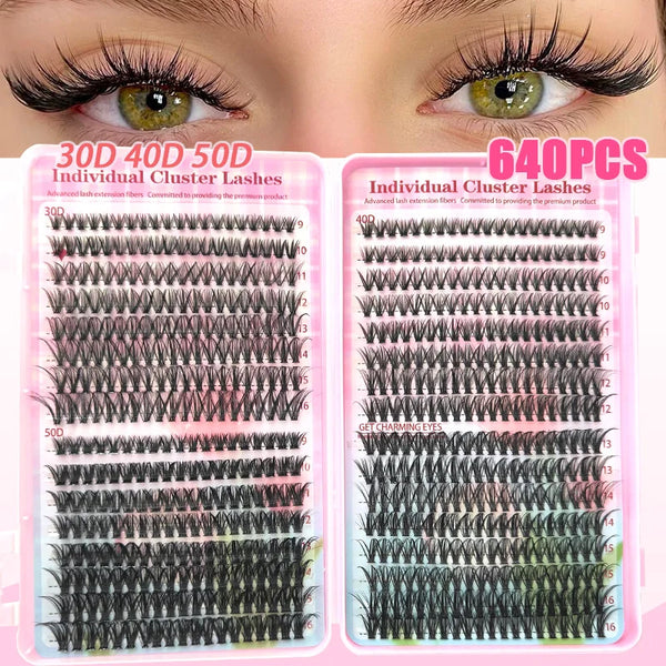 A display of various lash extension kits including 30D, 40D, and 50D individual cluster lashes for DIY lash extensions.