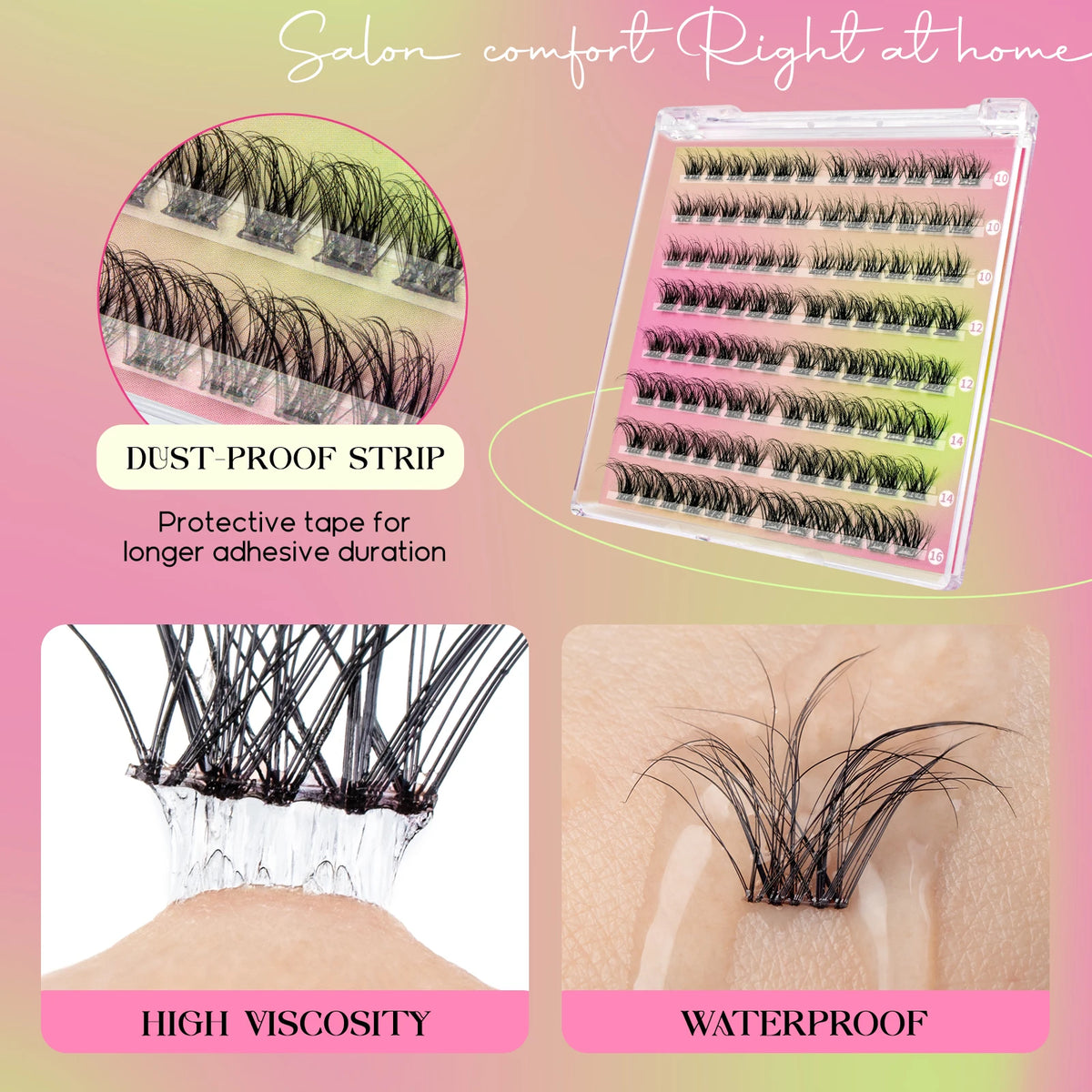 A set of DIY self-adhesive eyelash extensions in various shades displayed on a clear plastic tray with protective strips.
