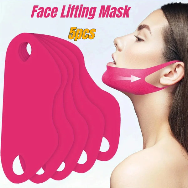 A set of five pink silicone face lifting masks being demonstrated on a woman's face.