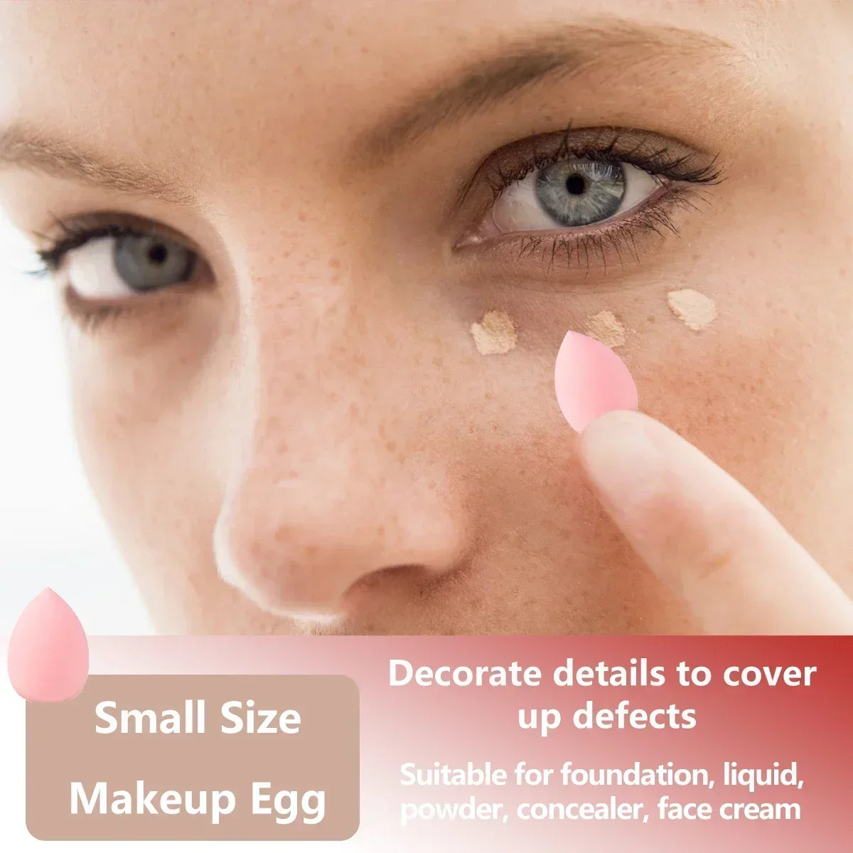 A close-up of a woman's face showing a small pink makeup egg being applied to her skin.