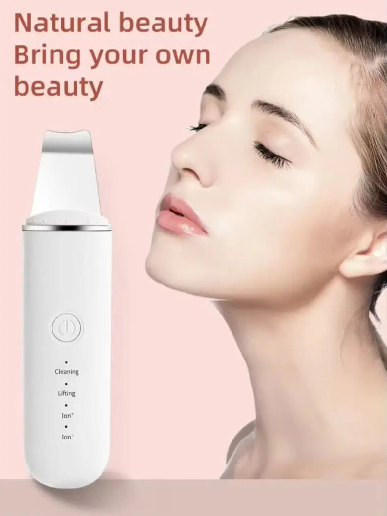 A woman is using a white facial beauty device for cleansing and lifting.