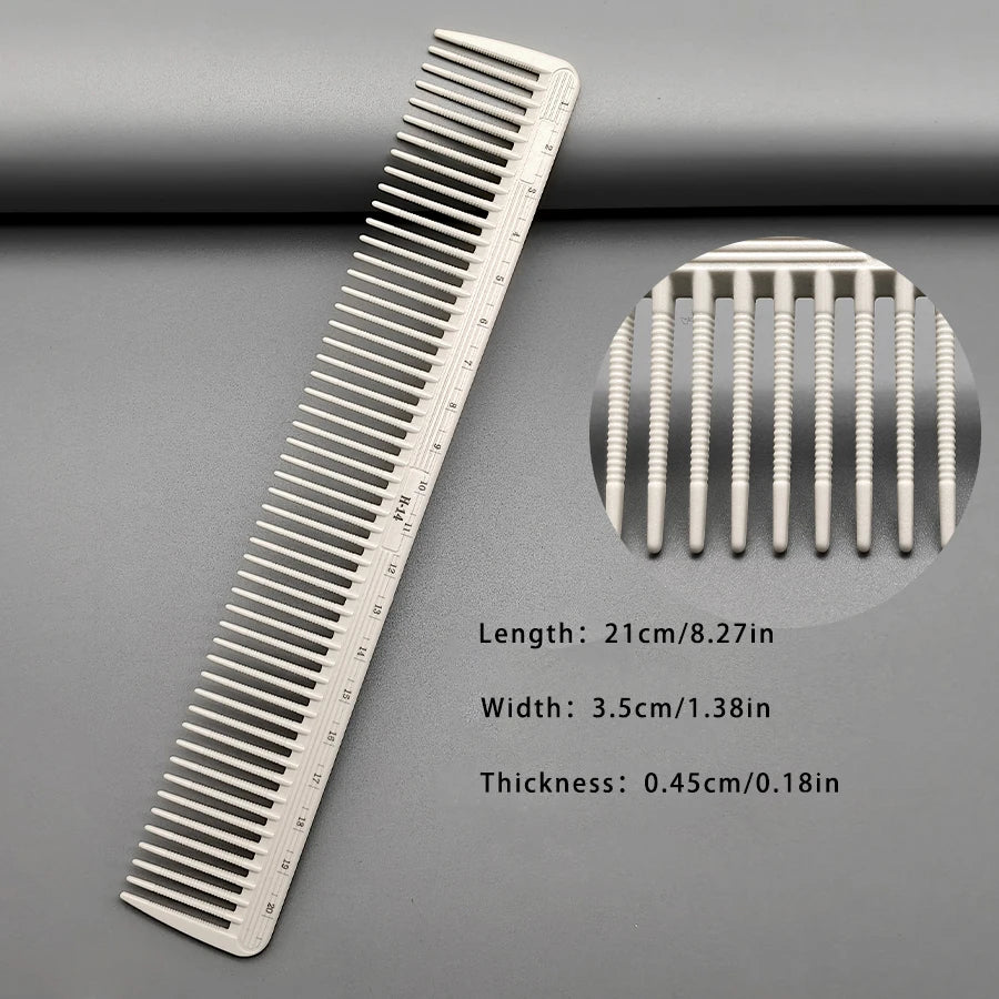A white professional hair styling comb with measurements showing length 21cm, width 3.5cm, and thickness 0.45cm.