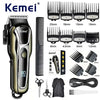 A collection of Kemei cordless hair trimmers and related accessories including various guard sizes and tools.