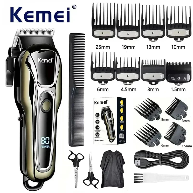 A collection of Kemei cordless hair trimmers and related accessories including various guard sizes and tools.