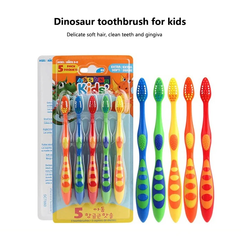 A set of five dinosaur-themed soft toothbrushes for kids, featuring various colors and shapes.