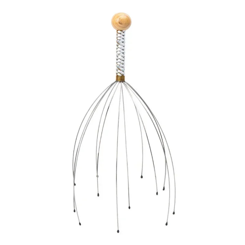 Stainless steel scalp massager with a wooden handle and multiple thin wires for deep relaxation