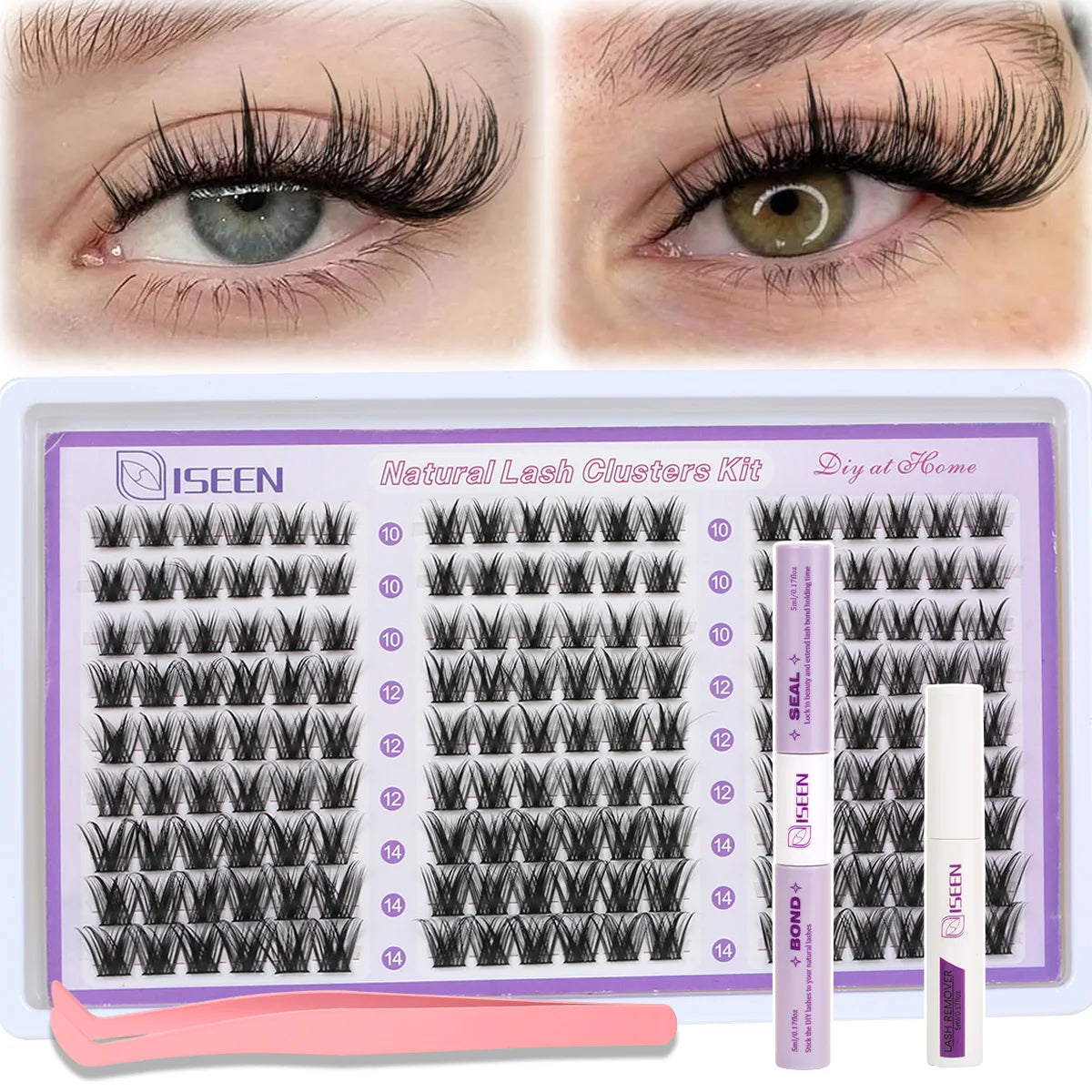 Set natürlicher Wimperncluster für DIY-Lash-Extensions mit verschiedenen Längen und professionellen Werkzeugen