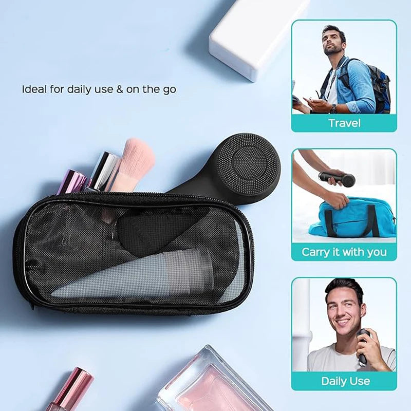 A black portable facial cleansing brush case with various tools and usage suggestions for travel and daily use.