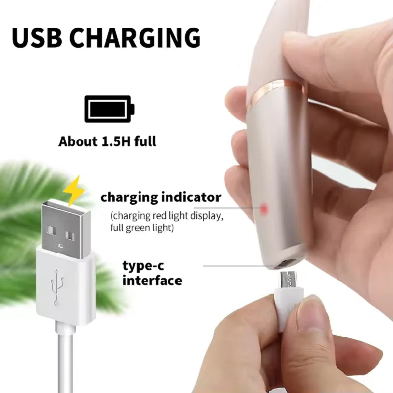 A hand holds a pink electric device with a charging indicator and a type-c interface connected to a white USB cable.