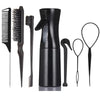 A black 7-in-1 hair styling tool set featuring a comb, brush, and sprayer combo.