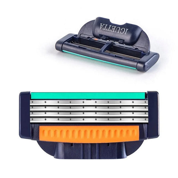 A black precision replacement razor blade head with a silver blade and an orange lubricating strip.