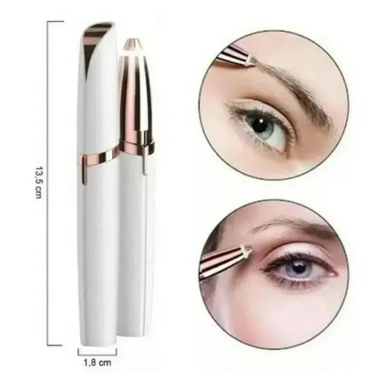 A portable electric trimmer for eyebrows and facial hair, shown with close-up application on skin.
