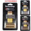A set of replacement cutter heads for a barbershop shaver, including two blades and a gold-colored replacement head.