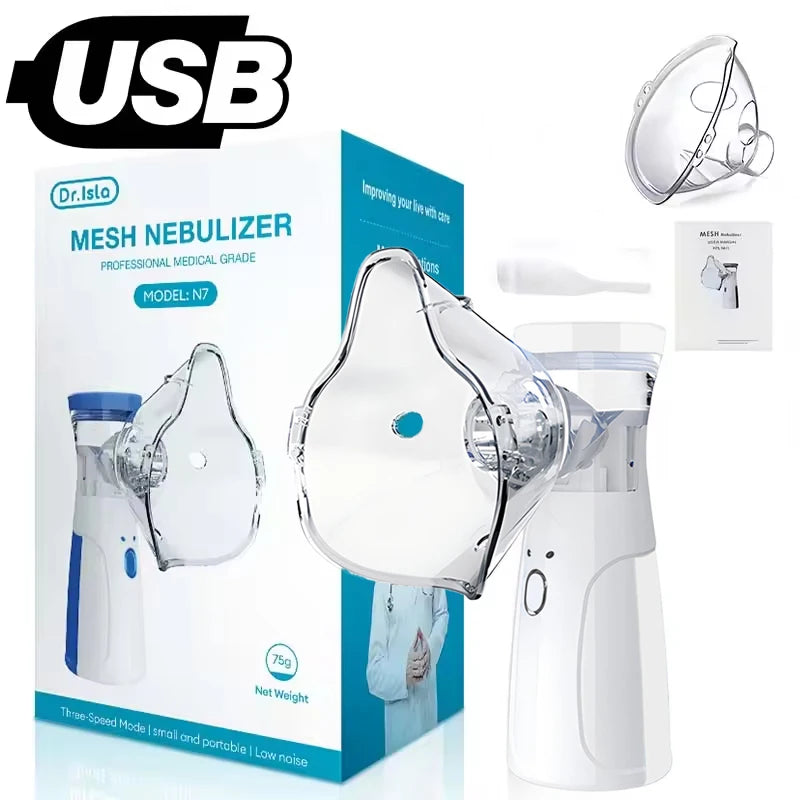 A white portable mesh nebulizer device shown next to its components and packaging.