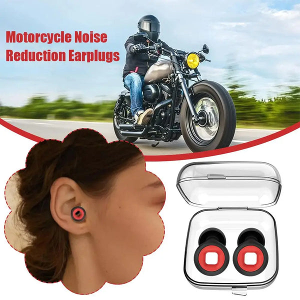 A pair of motorcycle noise reduction earplugs shown next to a motorcycle and an open packaging box.