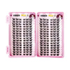 A pink cosmetic case containing 32 pairs of black false eyelashes with seamless glue application.