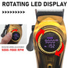 A close-up of a rotating LED display on a hair clipper showing rotation speed adjustment and turbo settings.