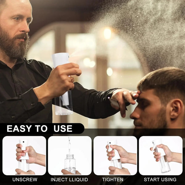 Demonstration showing how to unscrew, inject liquid, tighten, and start using a high-pressure mist spray bottle.