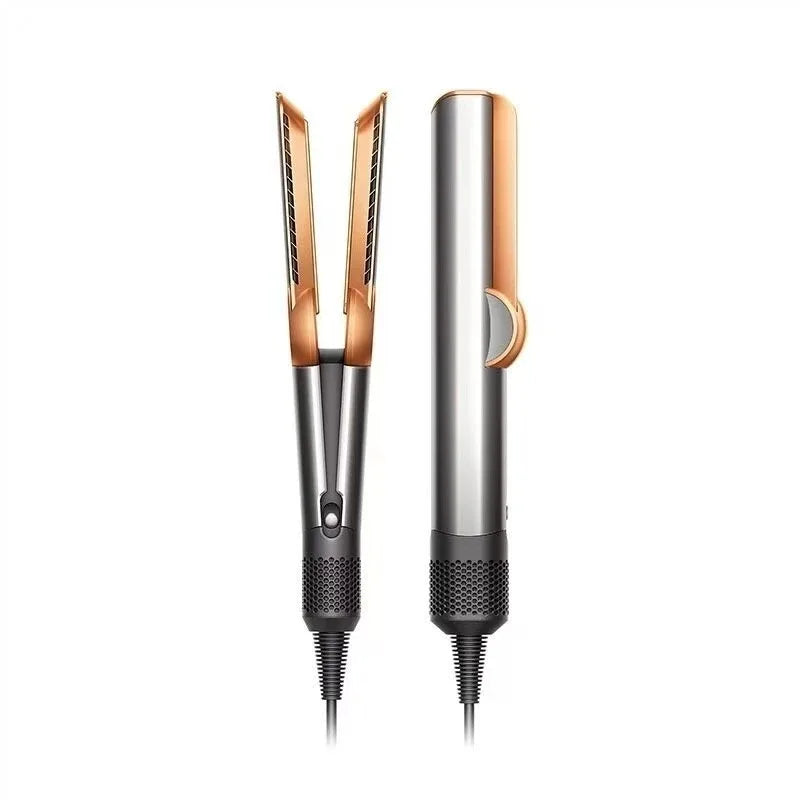 A professional 2-in-1 hair straightener with gold and silver components shown vertically.