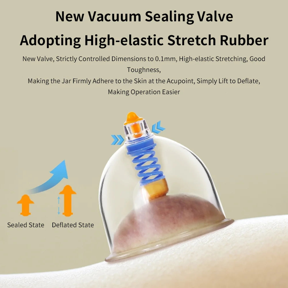 A new vacuum sealing valve with high-elastic stretch rubber is shown being used on skin for cupping.