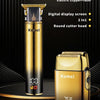 A set of Kemei retro oil head electric clippers and razor in gold packaging displayed on a dark surface.